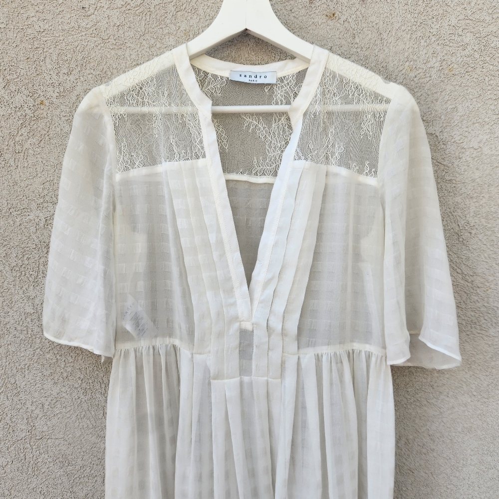 SANDRO Paris Women's Dress US Size 8 White Sheer Embroidered Floral Luxury - Picture 4 of 14